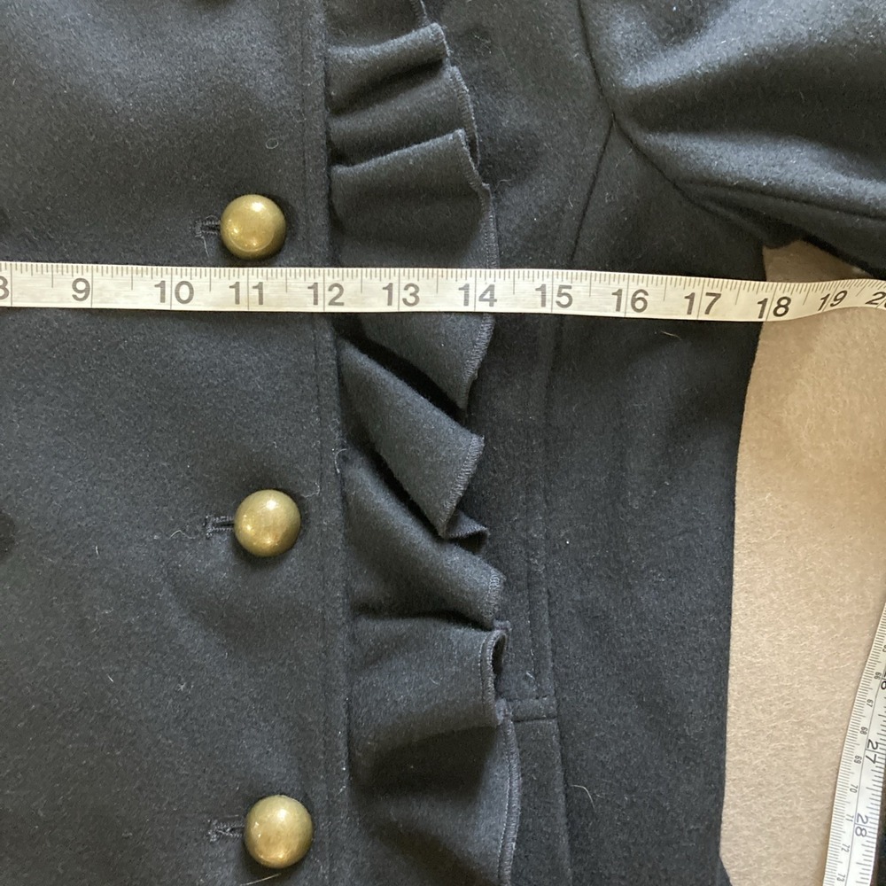 DKNY Wool Blend Pea Coat Sz 4 Black Ruffle Whimsy Goth Stadium Jacket Military - Picture 5 of 8